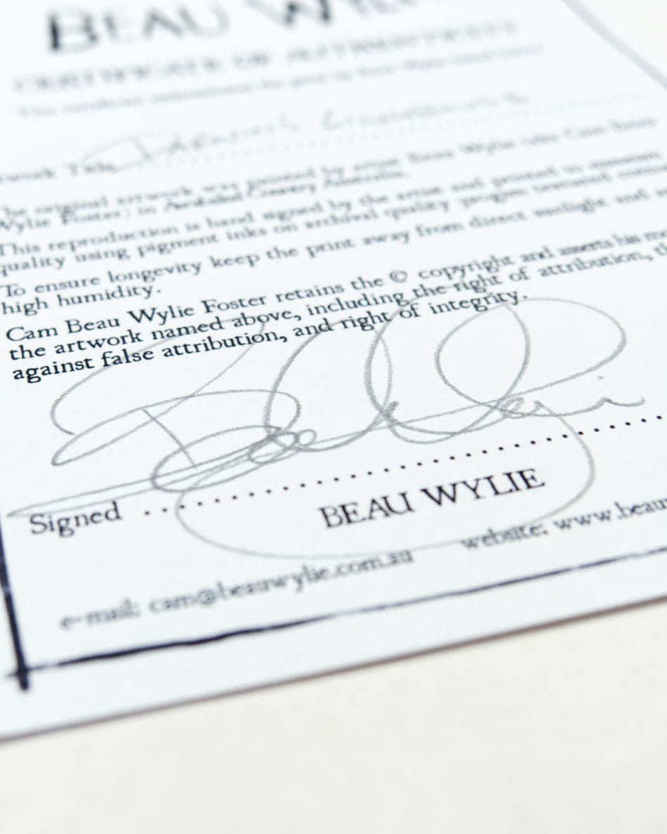 Certificate of authenticity by Australian Artist Beau Wylie with signature