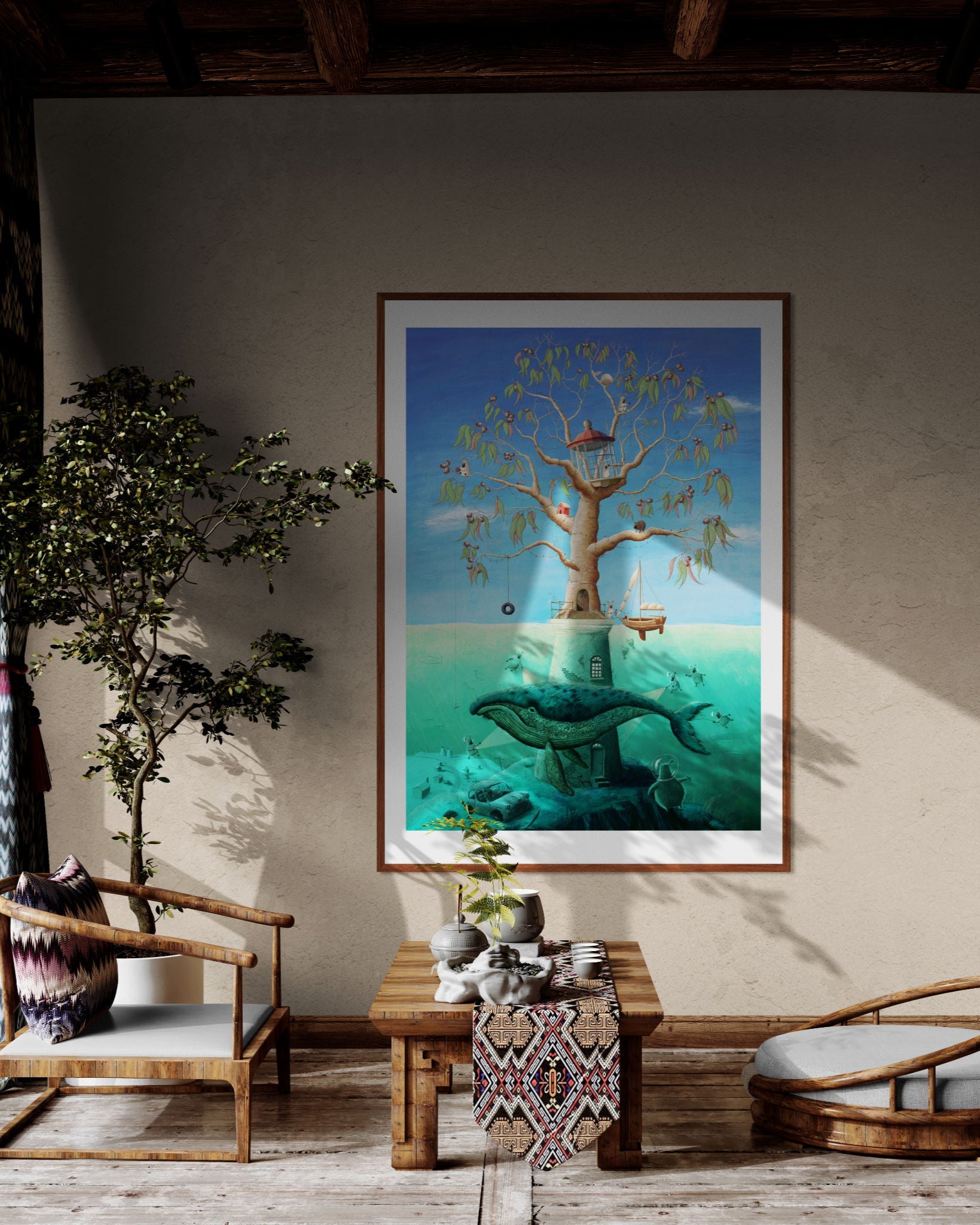 Living room with a large framed artwork of a tree and ocean scene, wooden chairs, and a coffee table.