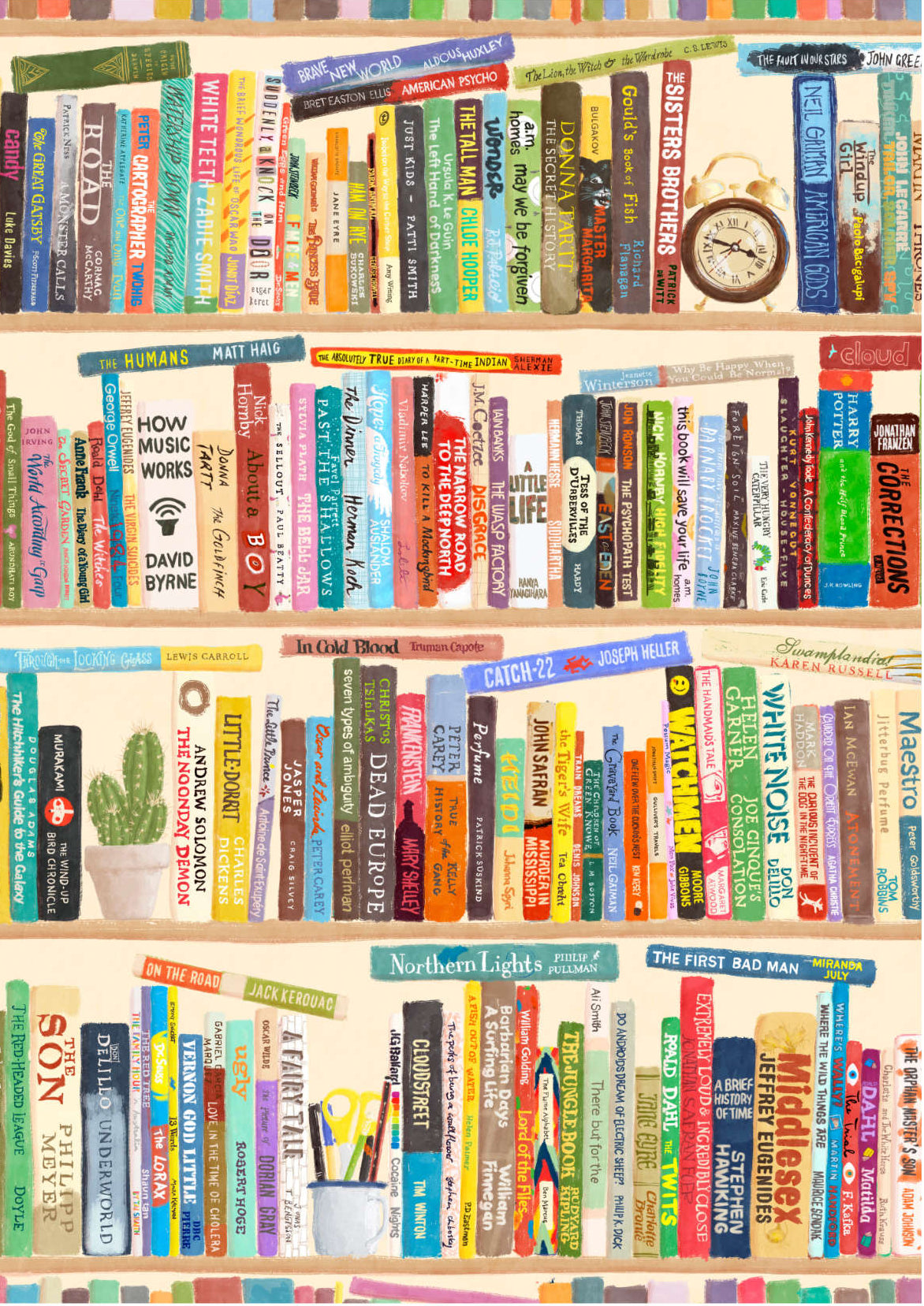 Colorful bookshelf artwork by Beau Wylie with books arranged in a grid pattern on a white background