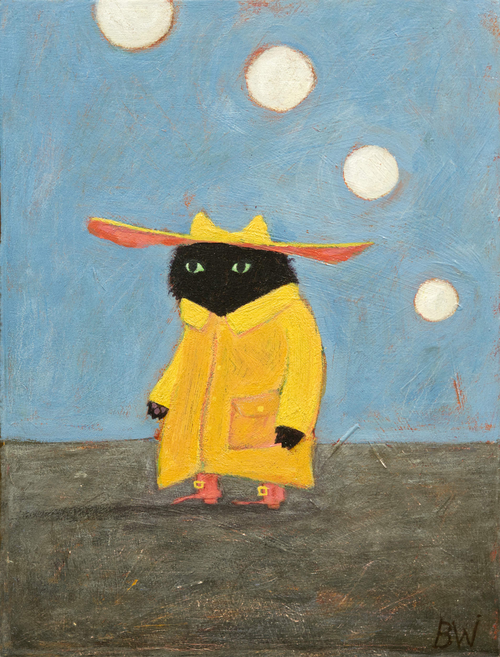 Painting by Beau Wylie of a black cat in a yellow raincoat with a hat against a blue sky with moons.